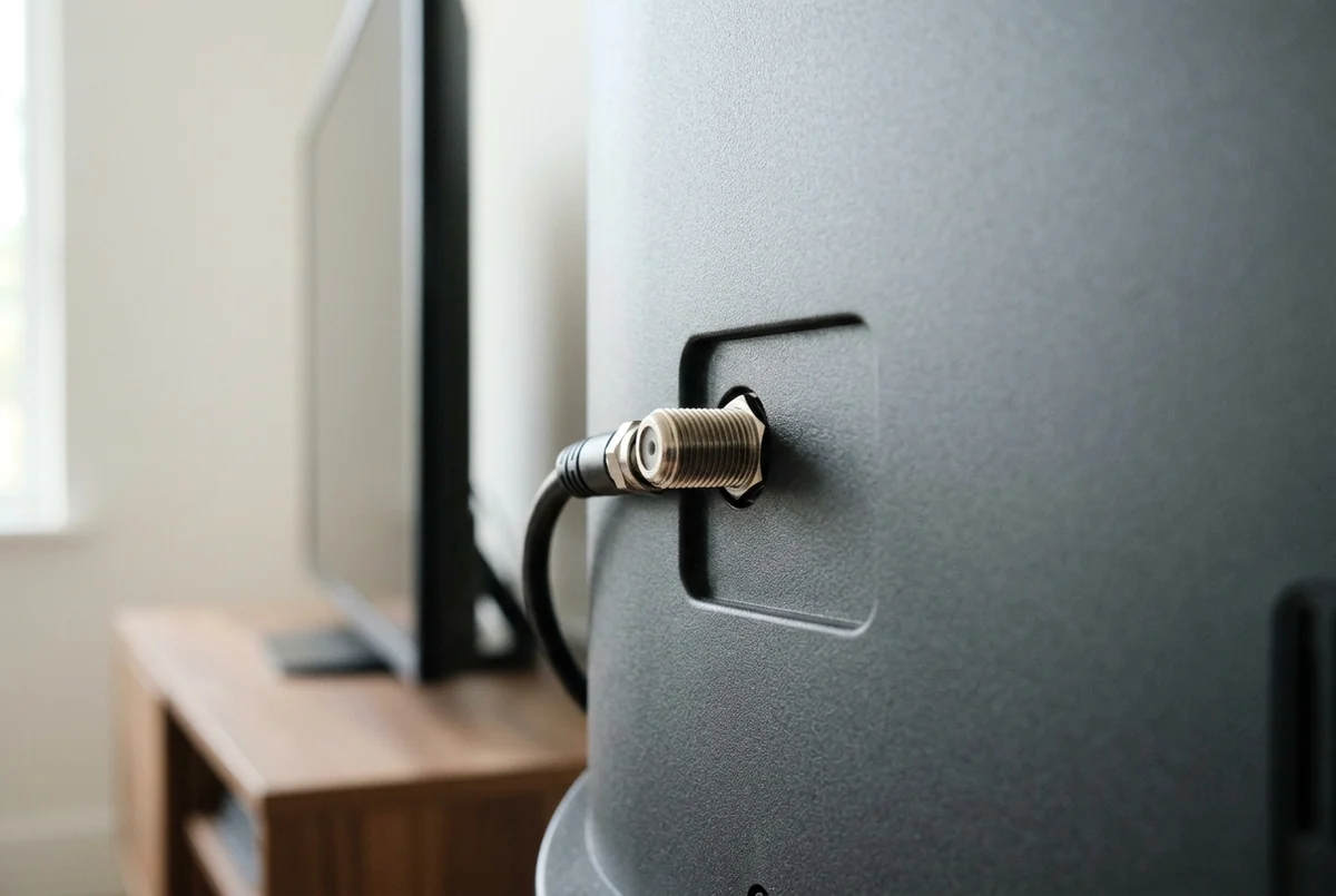 Cabo de antena rosqueado na entrada coaxial da traseira de uma TV