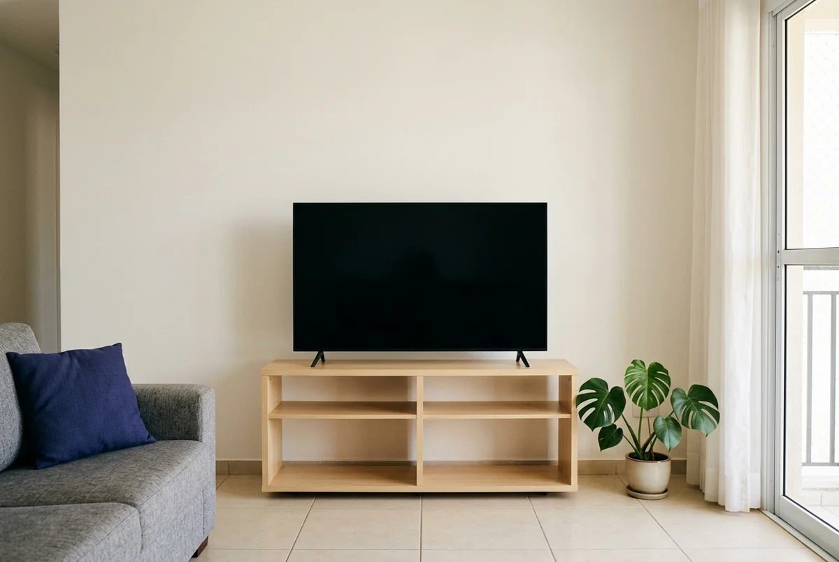 Sala com TV desligada sobre rack de madeira clara de nichos abertos, sofá cinza e vaso de costela-de-adão