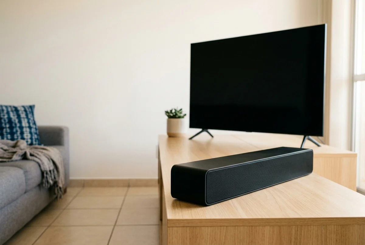 Barra de som preta sobre o rack de madeira, na frente de uma TV desligada