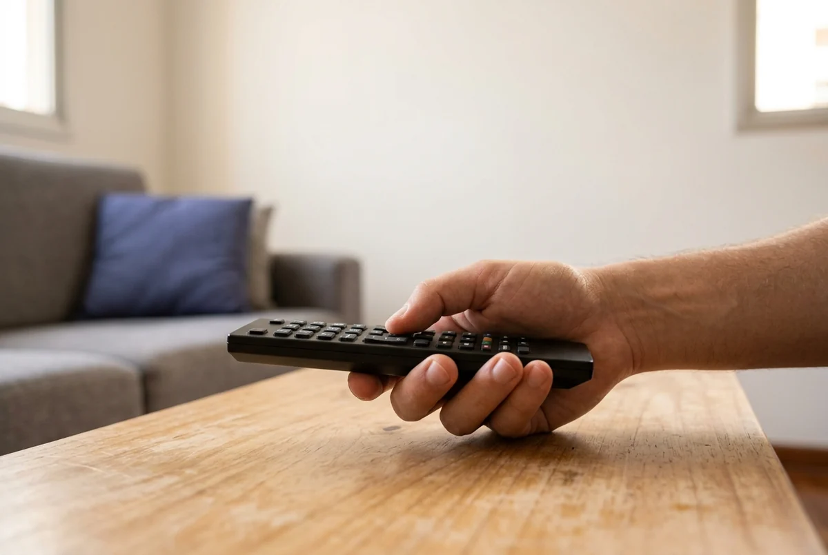 Mão segurando controle remoto de teclas pretas sobre a mesa de centro, com sofá ao fundo