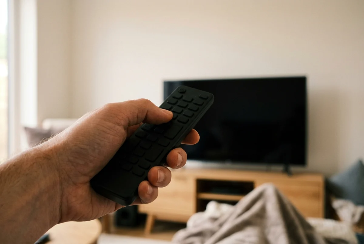 Mão apontando um controle remoto preto para a TV desligada na sala