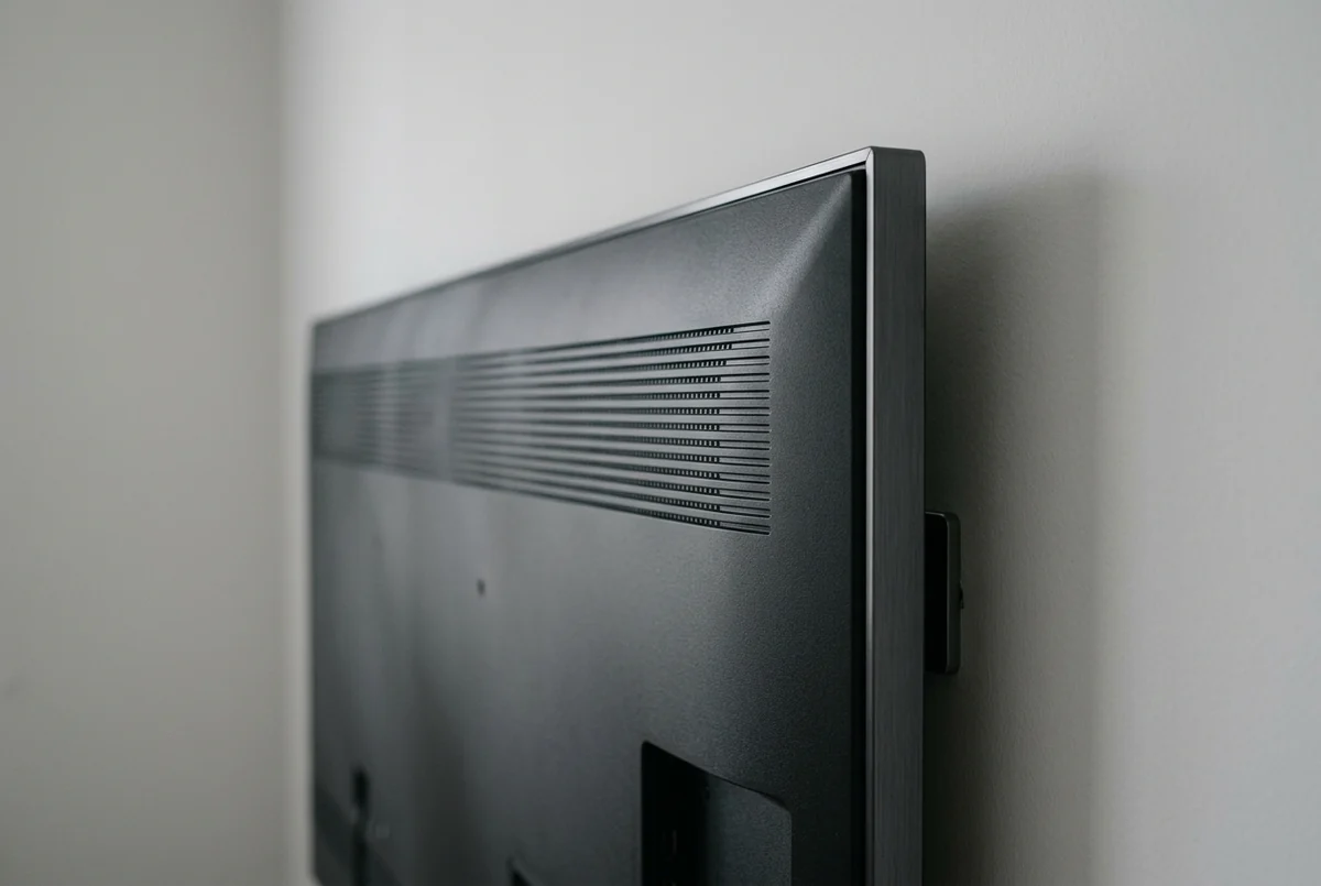 Traseira de uma TV presa na parede, com as grades de ventilação em destaque