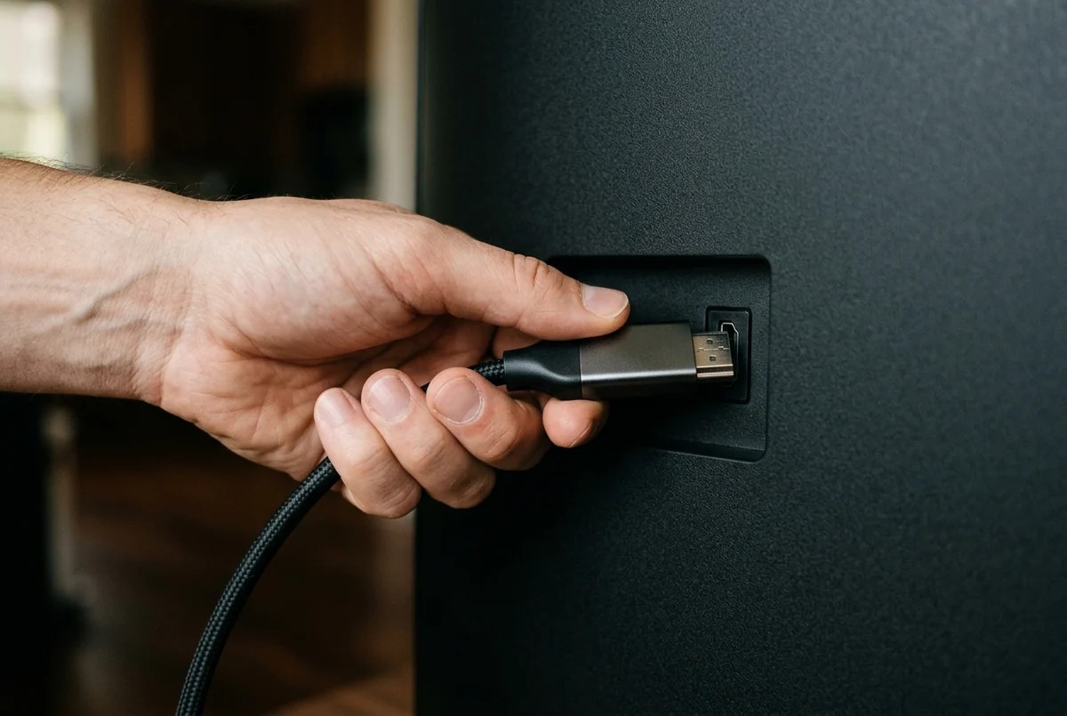 Mão conectando um cabo HDMI na traseira de uma TV desligada