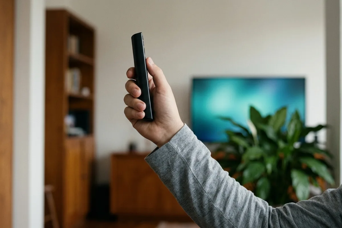 Mão erguida segurando um controle remoto preto liso, com sala desfocada e TV de tela verde-azulada ao fundo