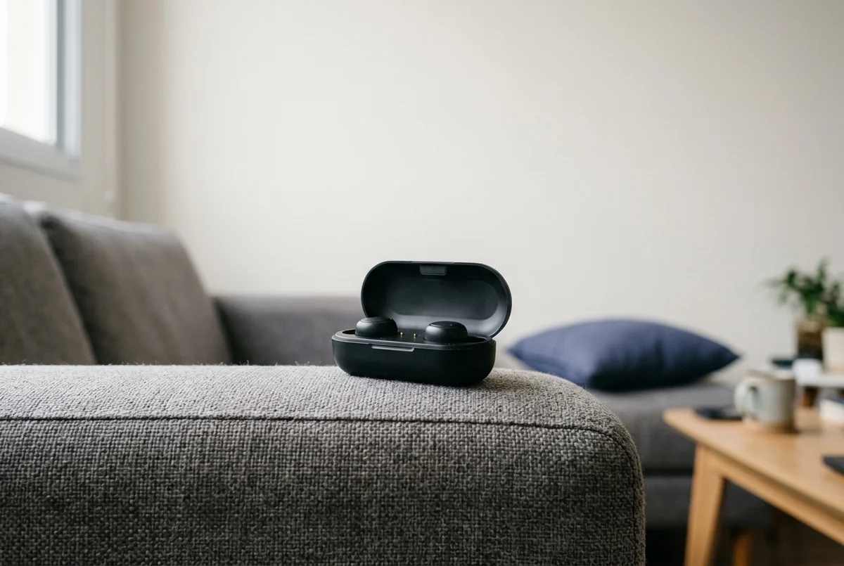 Estojo de carga aberto com dois fones sem fio pretos sobre o braço de um sofá cinza