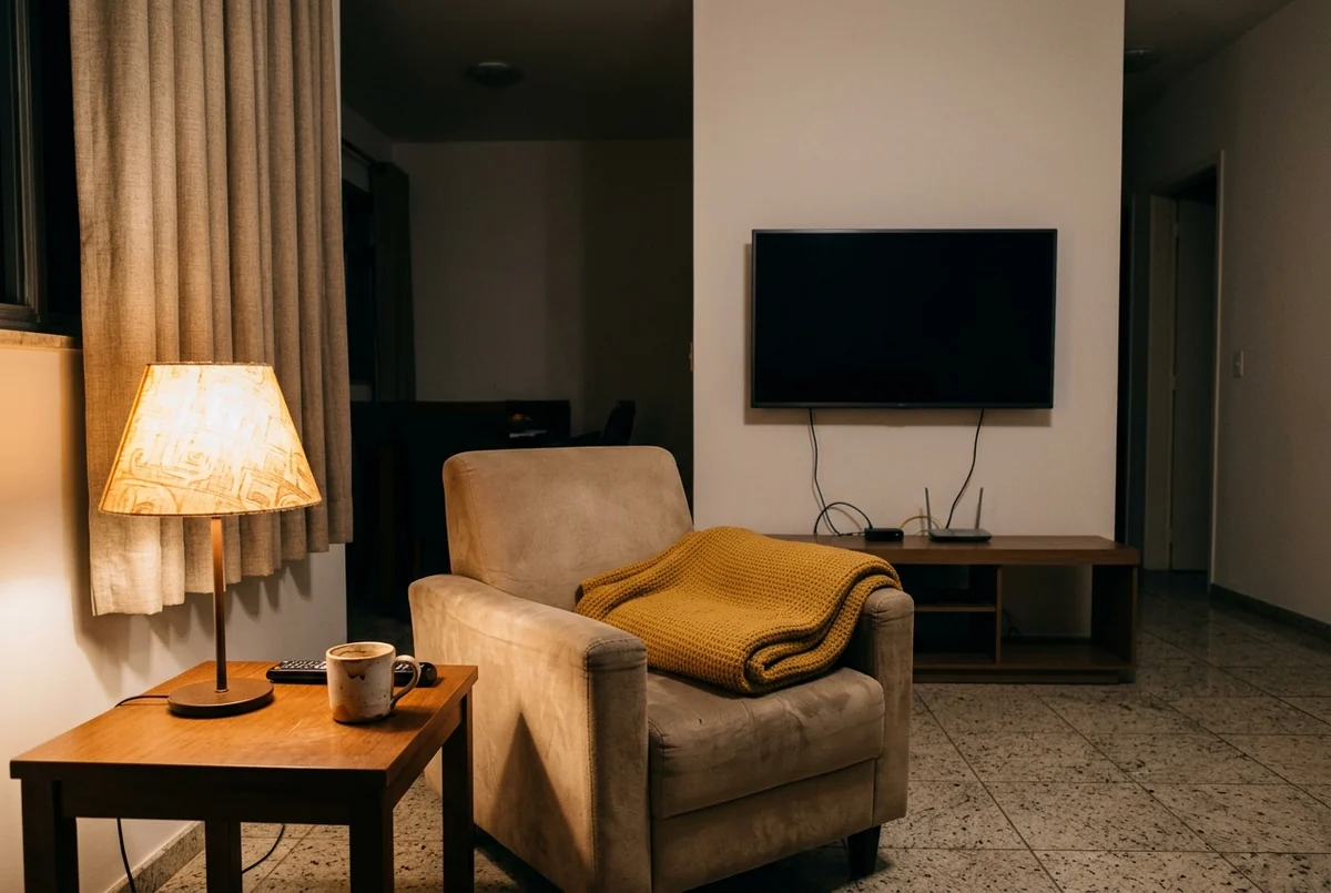 Sala à meia-luz com poltrona bege coberta por manta, abajur aceso e TV desligada na parede