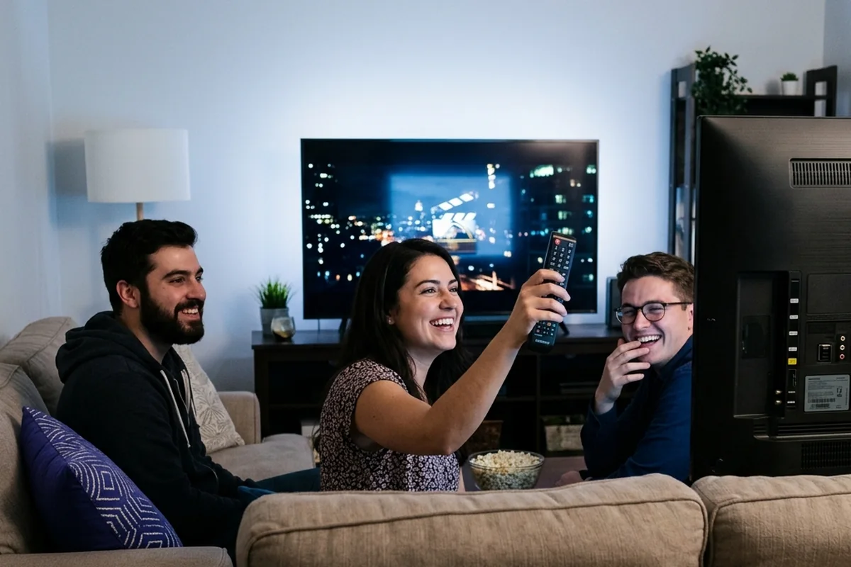 Três pessoas conversando no sofá, com televisão acesa e almofadas azuis ao fundo.