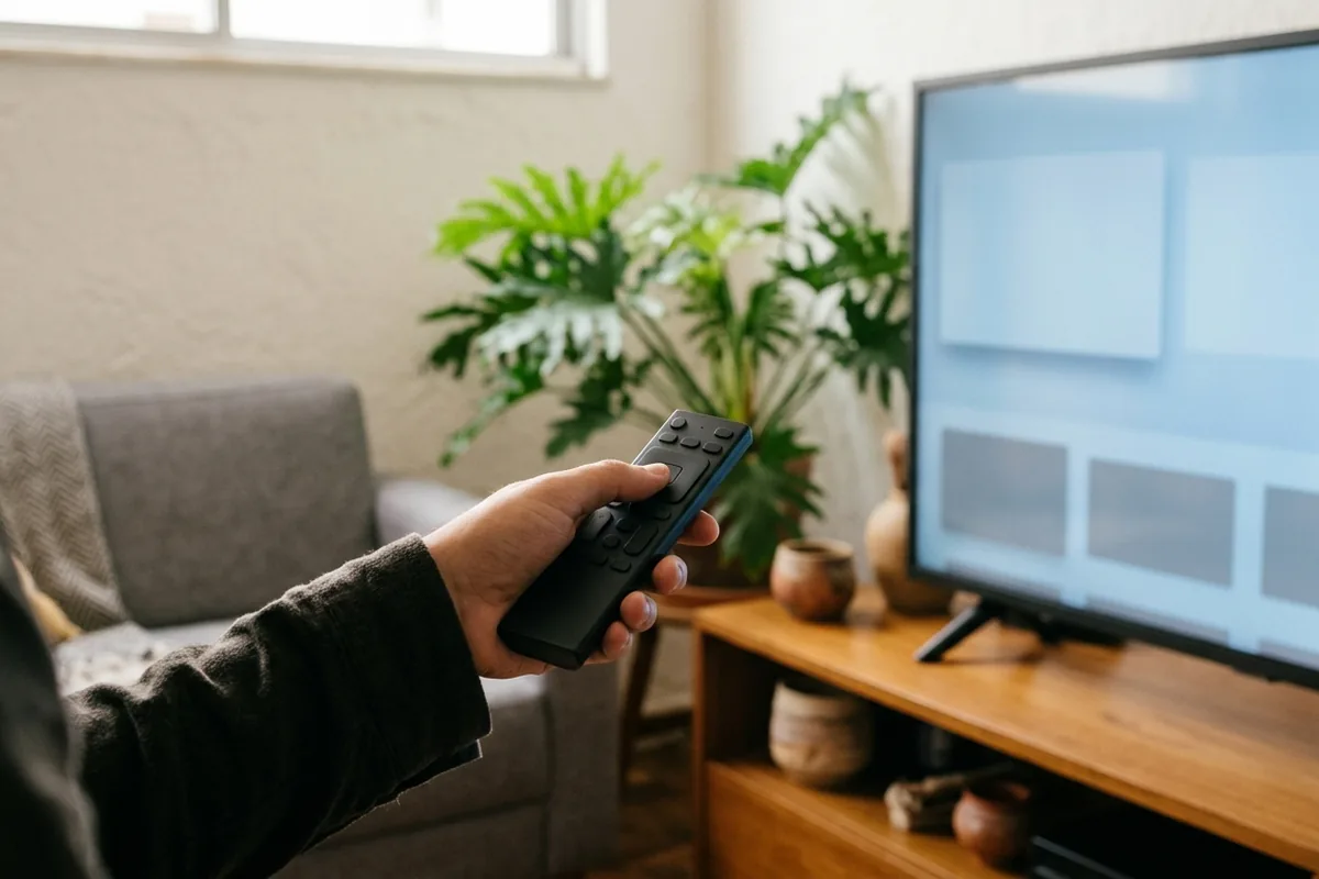 Mão segurando um controle remoto preto liso apontado para a TV ligada numa tela de menu, com sofá cinza desfocado ao fundo