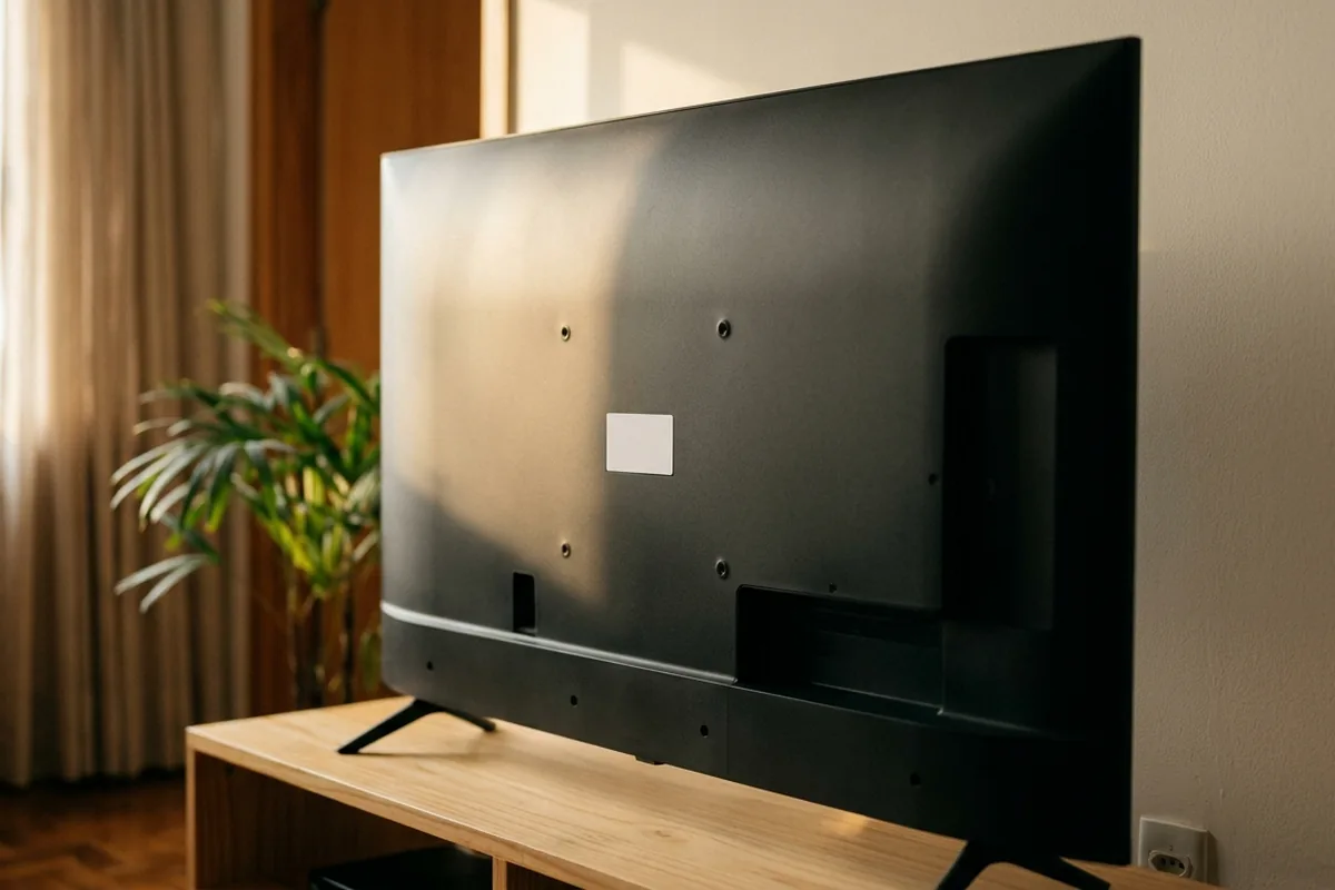 Traseira de uma TV escura sobre rack de madeira clara, com etiqueta branca lisa no centro da tampa e luz de fim de tarde