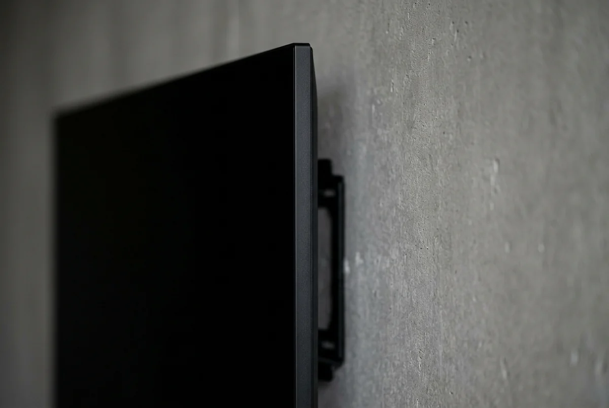 Lateral de uma TV desligada presa no suporte de parede, com espaço para ventilação