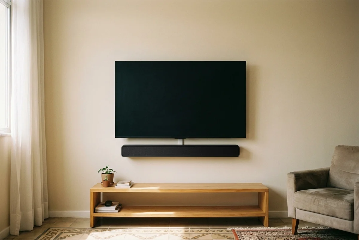 Barra de som preta presa logo abaixo de uma TV desligada na parede da sala