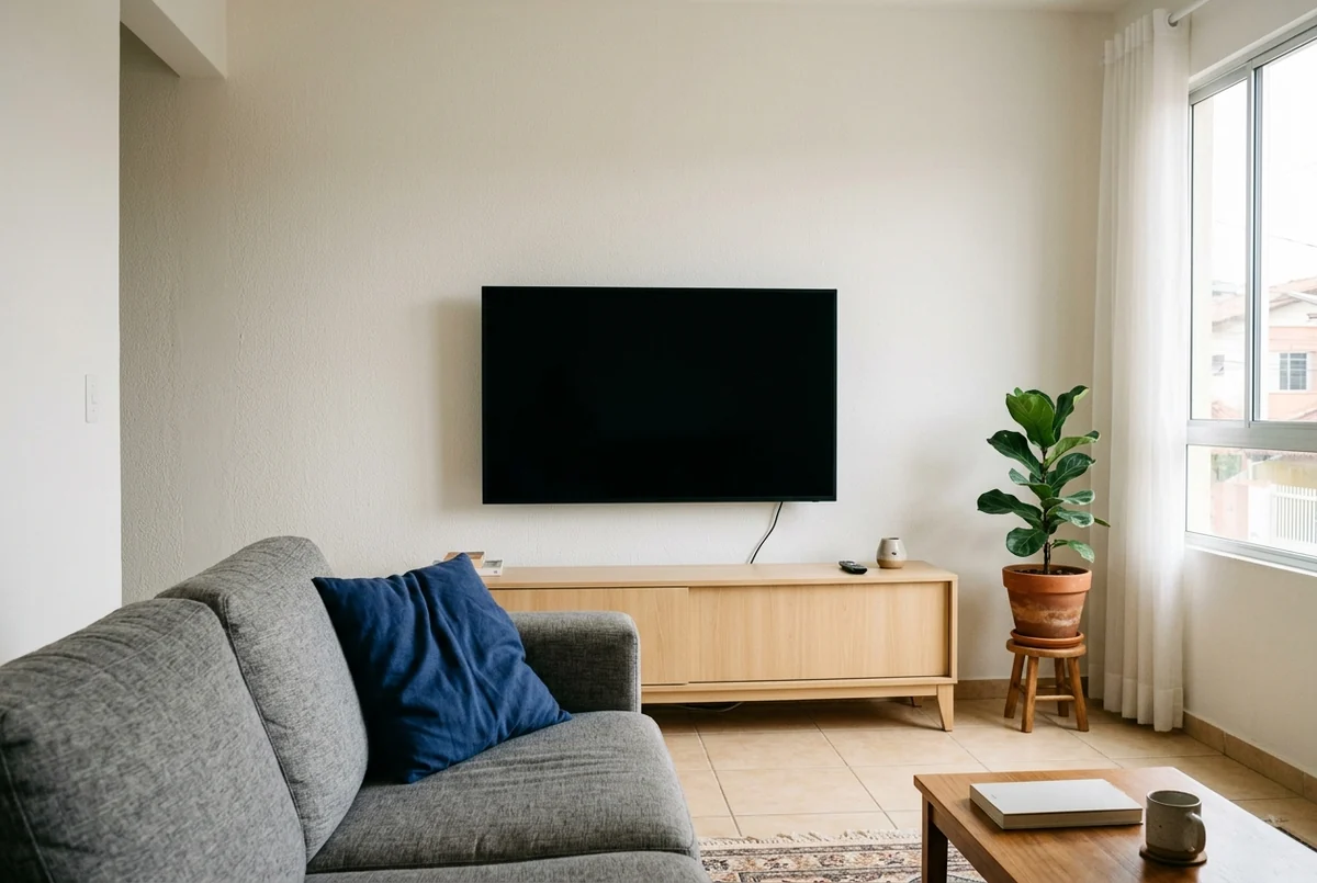 Sala com TV desligada na parede, rack de madeira clara, sofá cinza com almofada azul e livro na mesa de centro