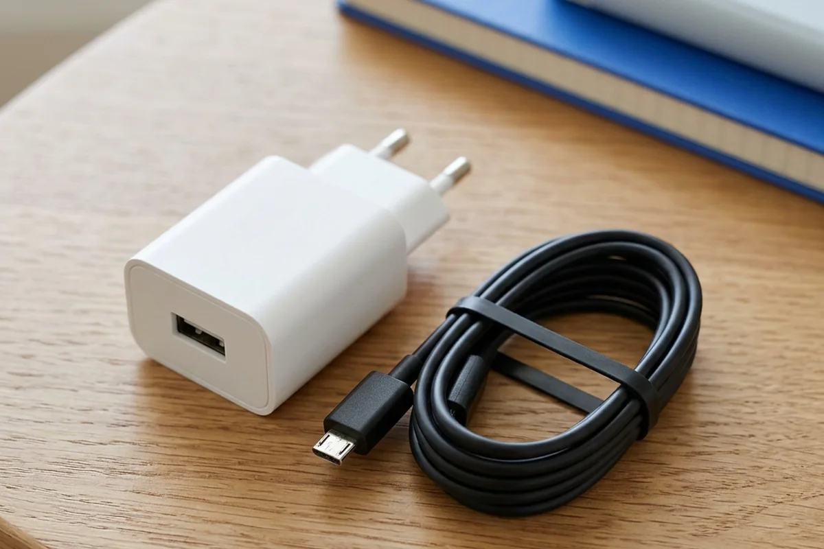 Adaptador de tomada branco e cabo preto enrolado sobre uma mesa.