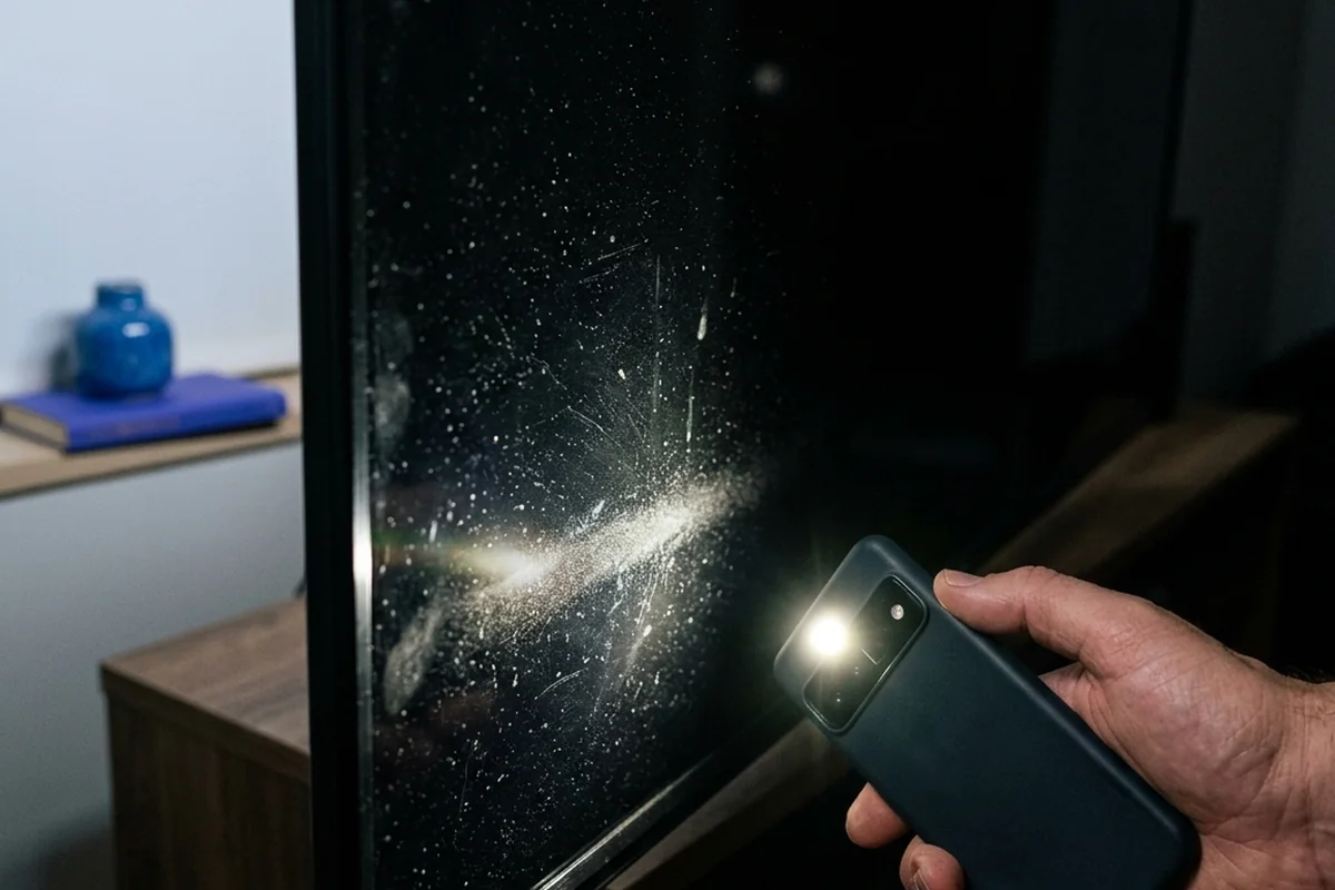 Pessoa iluminando a superfície da televisão com a lanterna do celular.