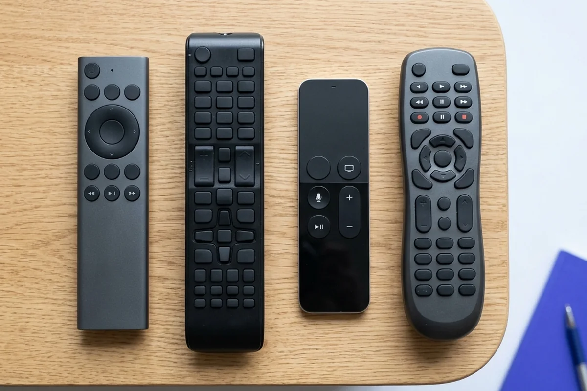 Quatro controles remotos de formatos diferentes alinhados sobre uma mesa.