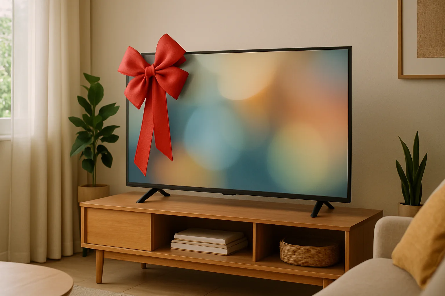 Smart TV embalada com laço de presente na sala