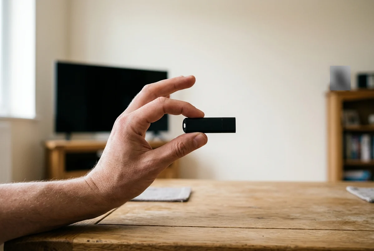 Mão segurando um pendrive preto na sala, com a TV desligada ao fundo