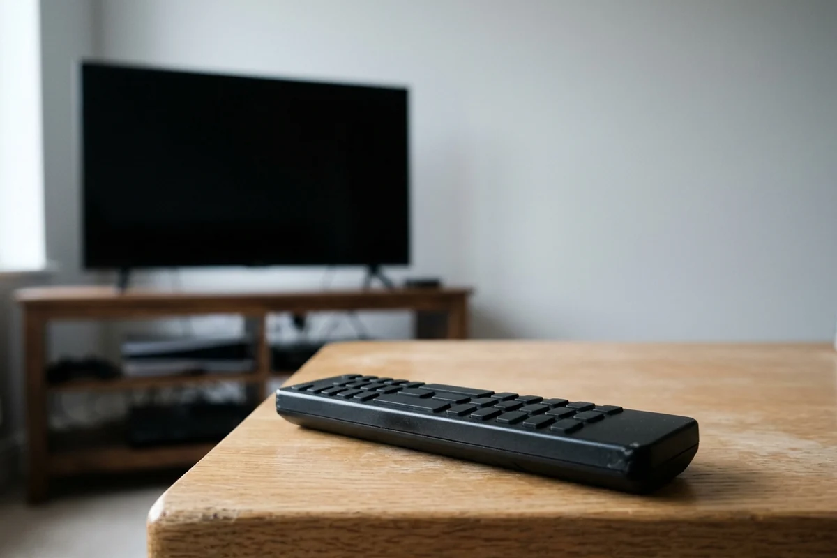Controle remoto preto na borda de uma mesa de madeira, com a TV desligada ao fundo