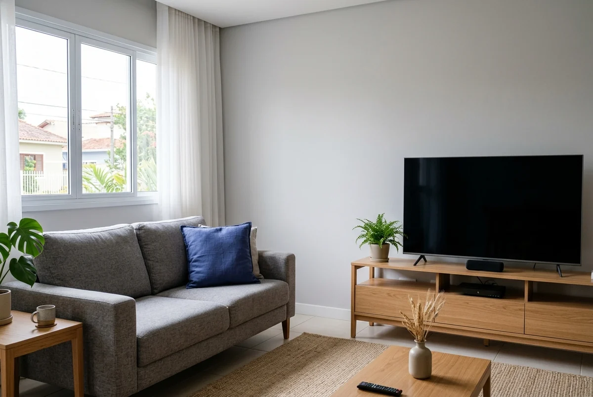 Sala com sofá cinza, almofada azul e TV desligada sobre rack de madeira, ao lado da janela