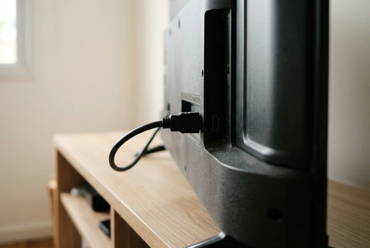 Cabo HDMI conectado na lateral traseira de uma TV desligada sobre o rack