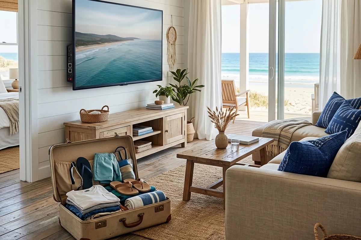 Sala de uma casa de praia com televisão, mala aberta e vista para o mar.