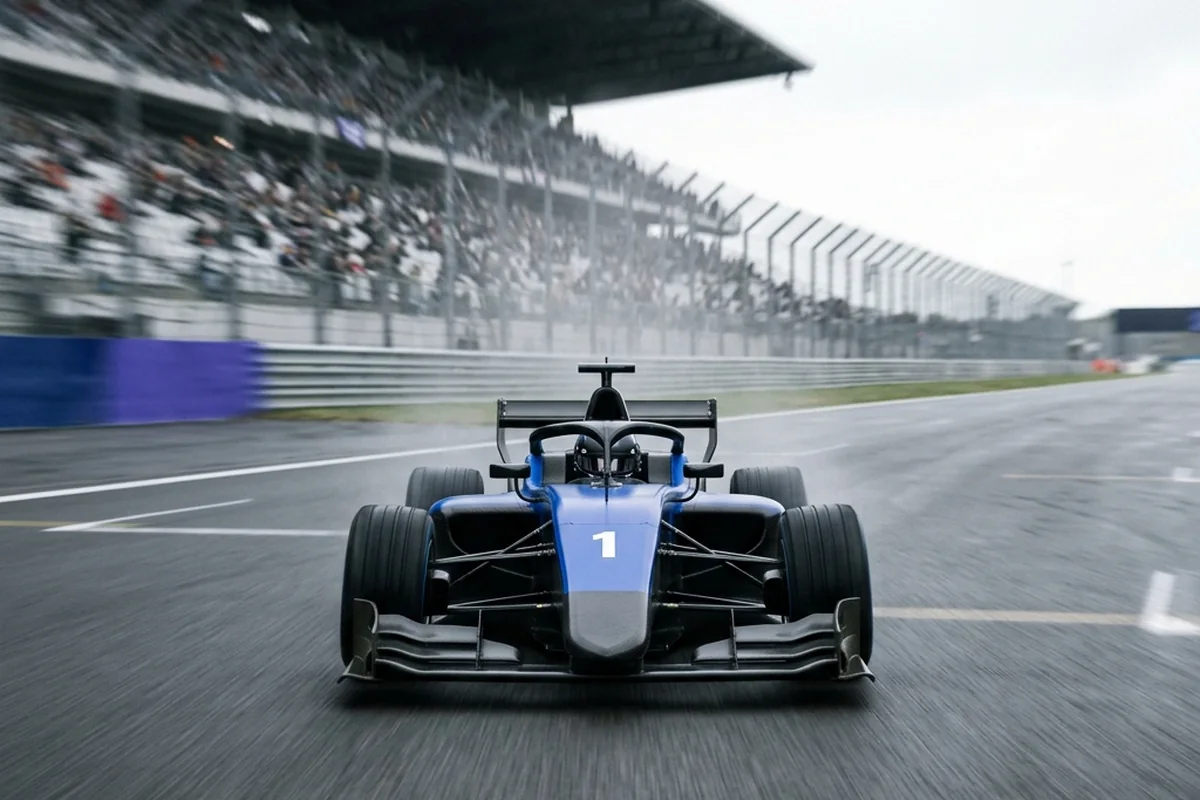 Carro de corrida de rodas descobertas em uma reta de autódromo.