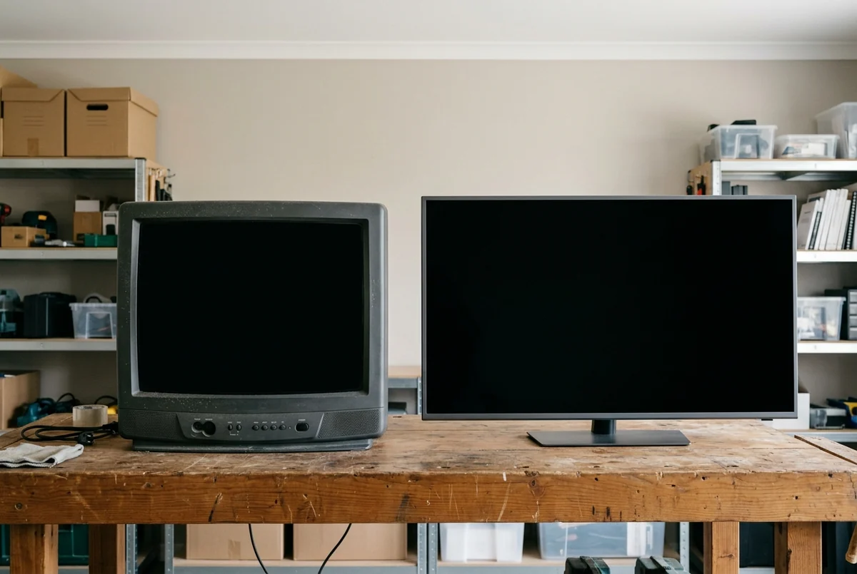 TV de tubo e TV de tela plana desligadas lado a lado sobre bancada de oficina