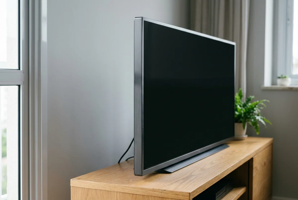 Perfil fino de uma TV desligada com moldura de alumínio sobre rack de madeira, perto da janela