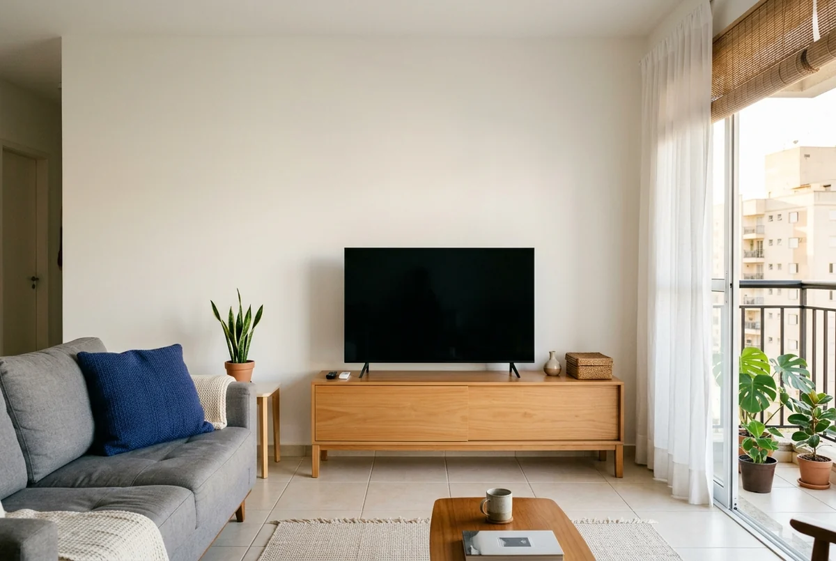 Sala com TV desligada sobre rack de madeira clara, sofá cinza com almofada azul e porta de sacada
