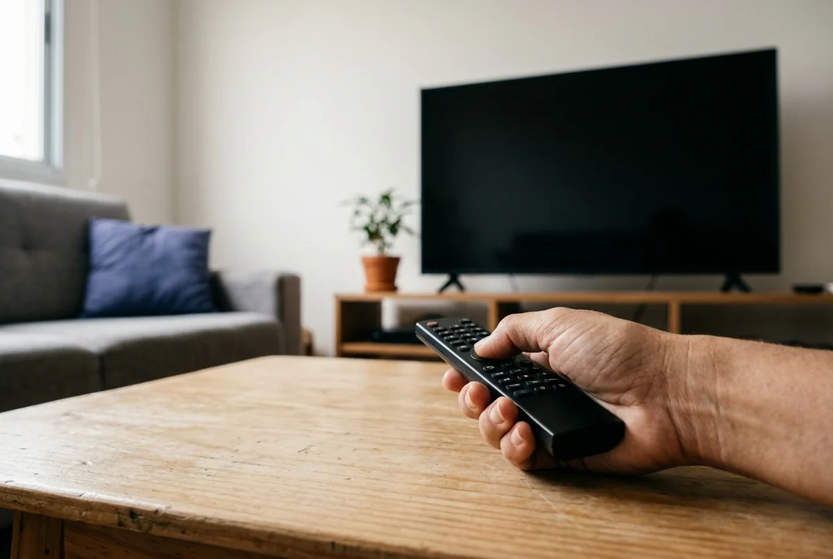 Mão segurando controle remoto apontado para a TV desligada sobre o rack, com sofá e planta ao lado