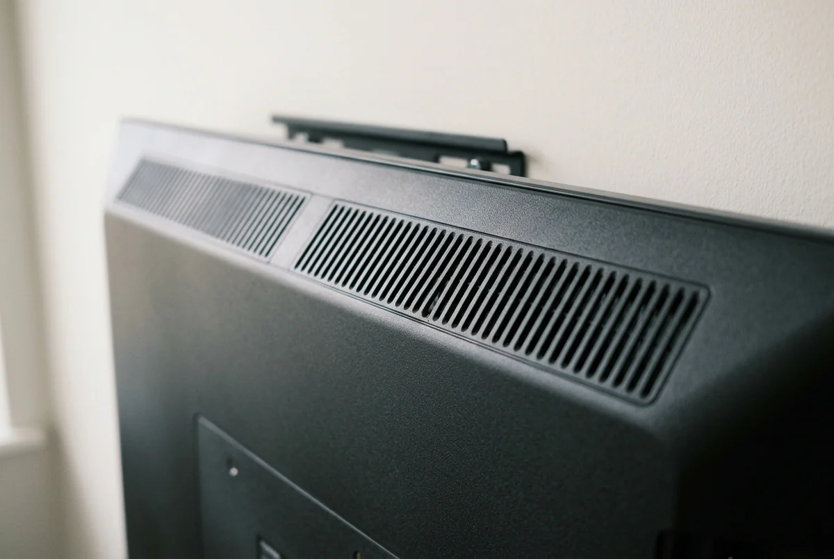 Traseira de uma TV presa na parede, com as aberturas de ventilação no alto