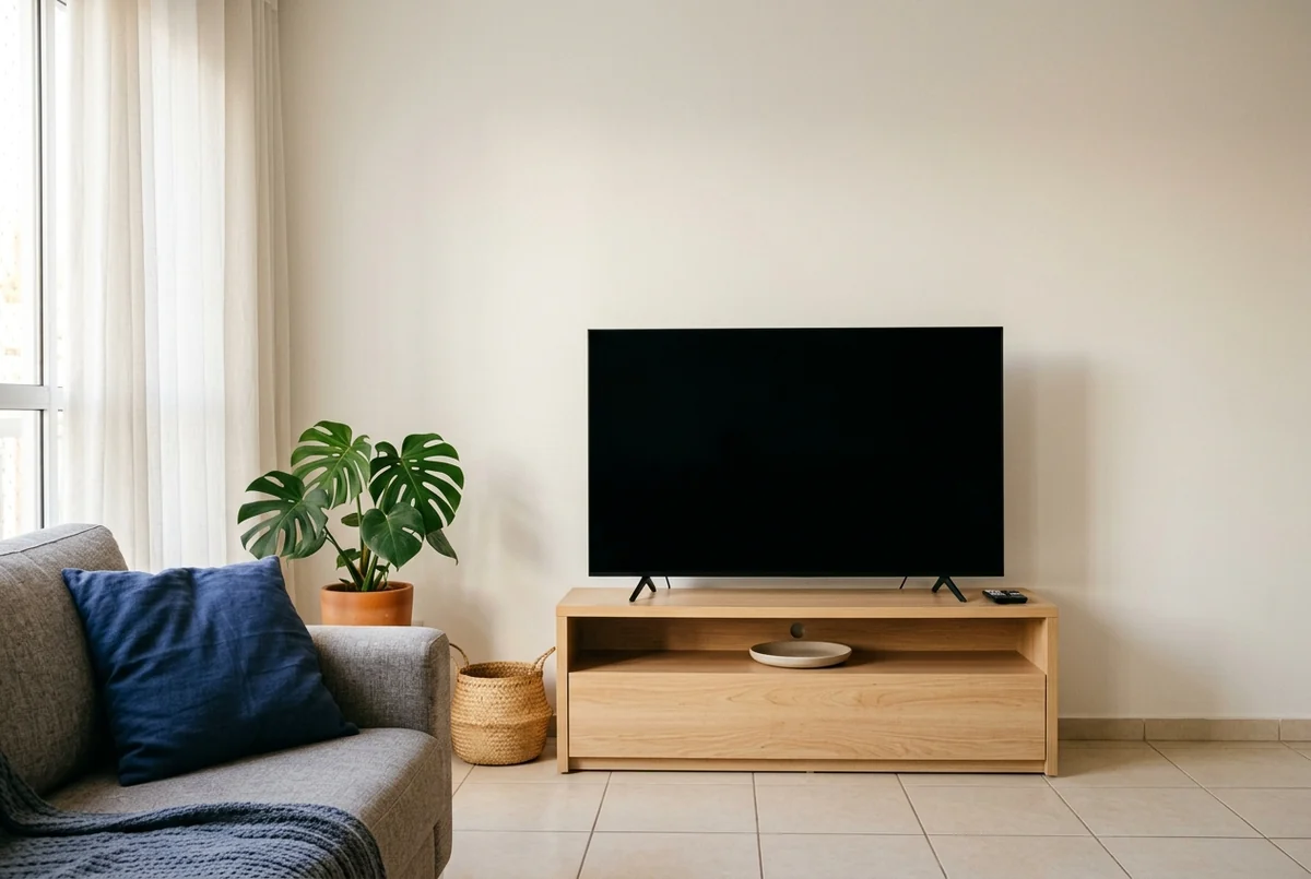 Sala com TV desligada sobre rack de madeira clara, sofá cinza com almofada azul e vaso de costela-de-adão