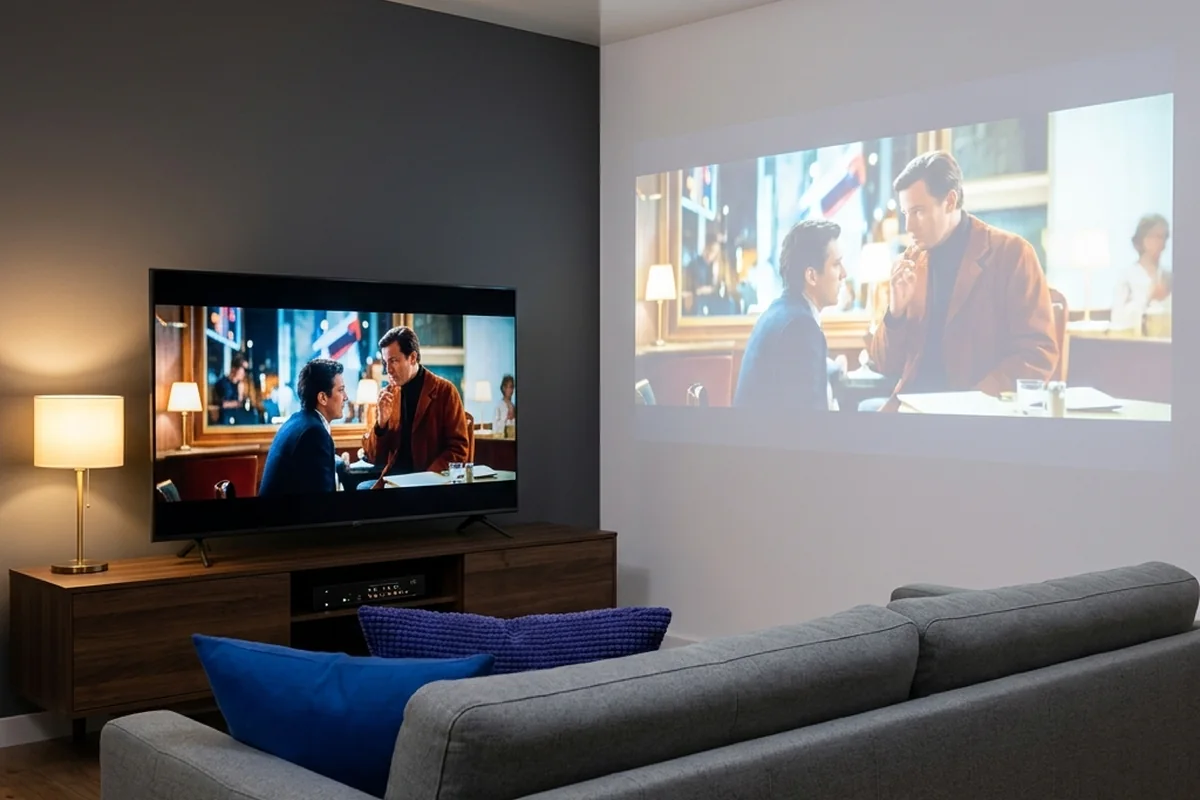 Sala com uma televisão e uma projeção maior na parede ao lado.