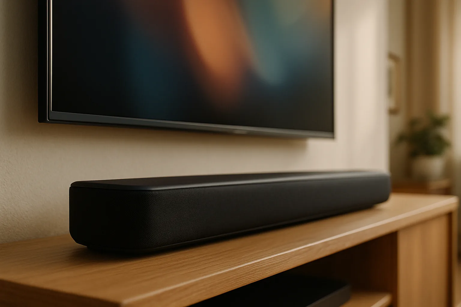 Soundbar instalada embaixo de uma smart TV na parede