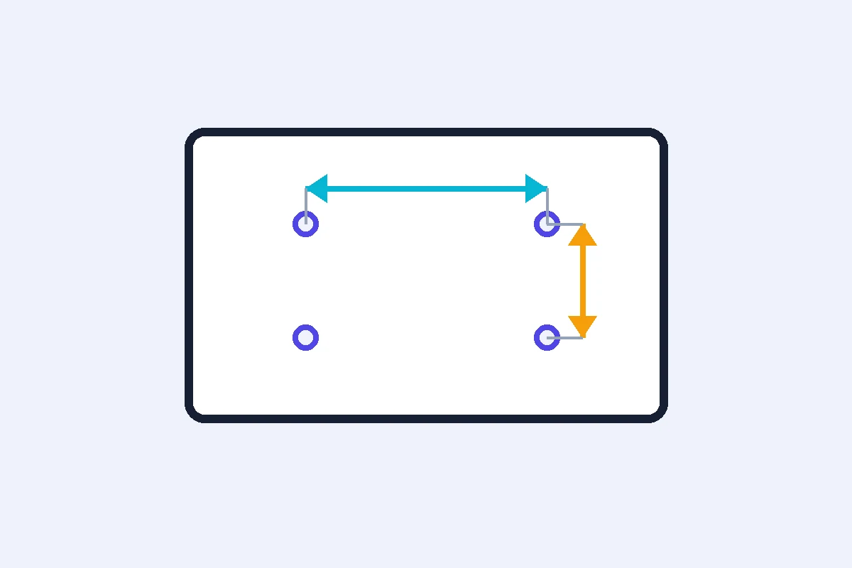 Diagrama autoral da traseira de uma TV com quatro furos de montagem medidos de centro a centro
