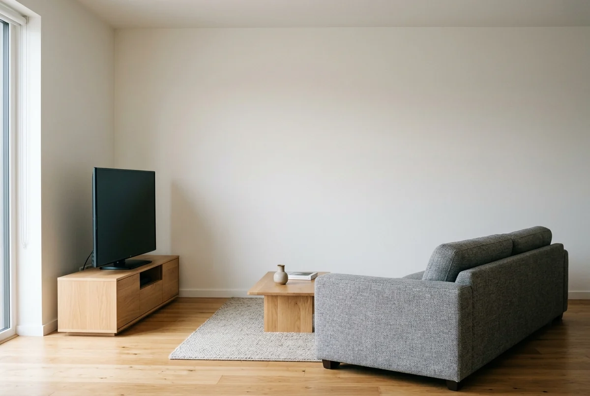 Sala com sofá cinza e a TV desligada sobre um rack baixo, vista de lado