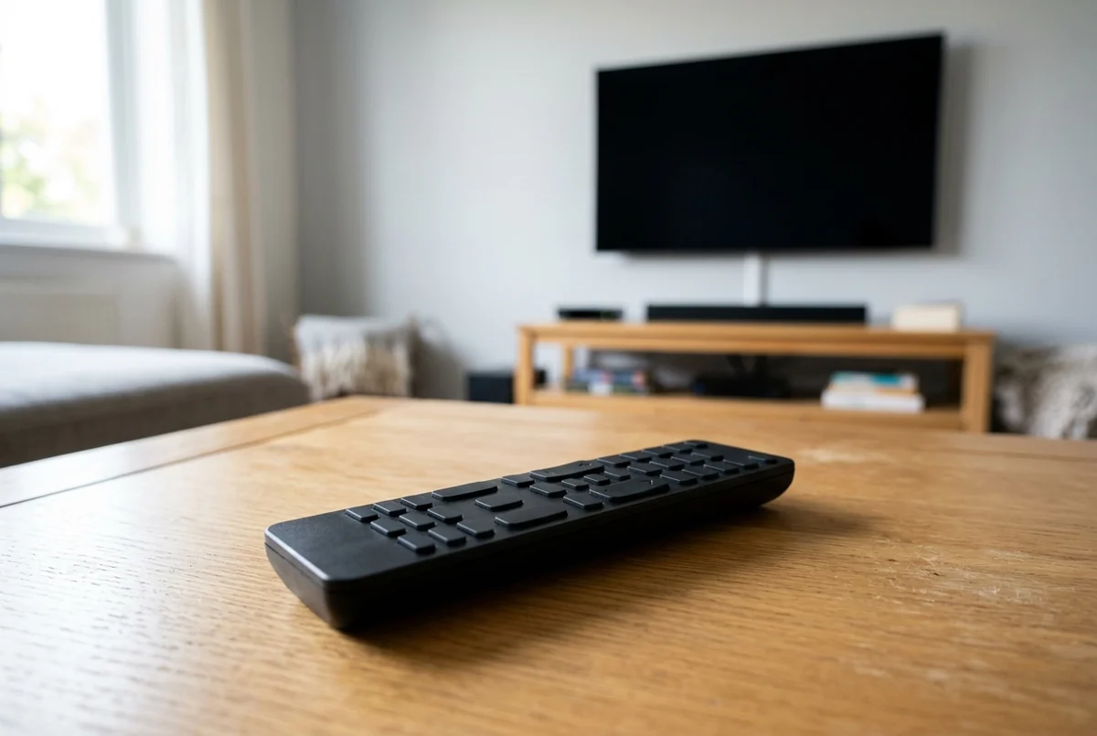Controle remoto preto sobre mesa de madeira, com a TV desligada na parede ao fundo