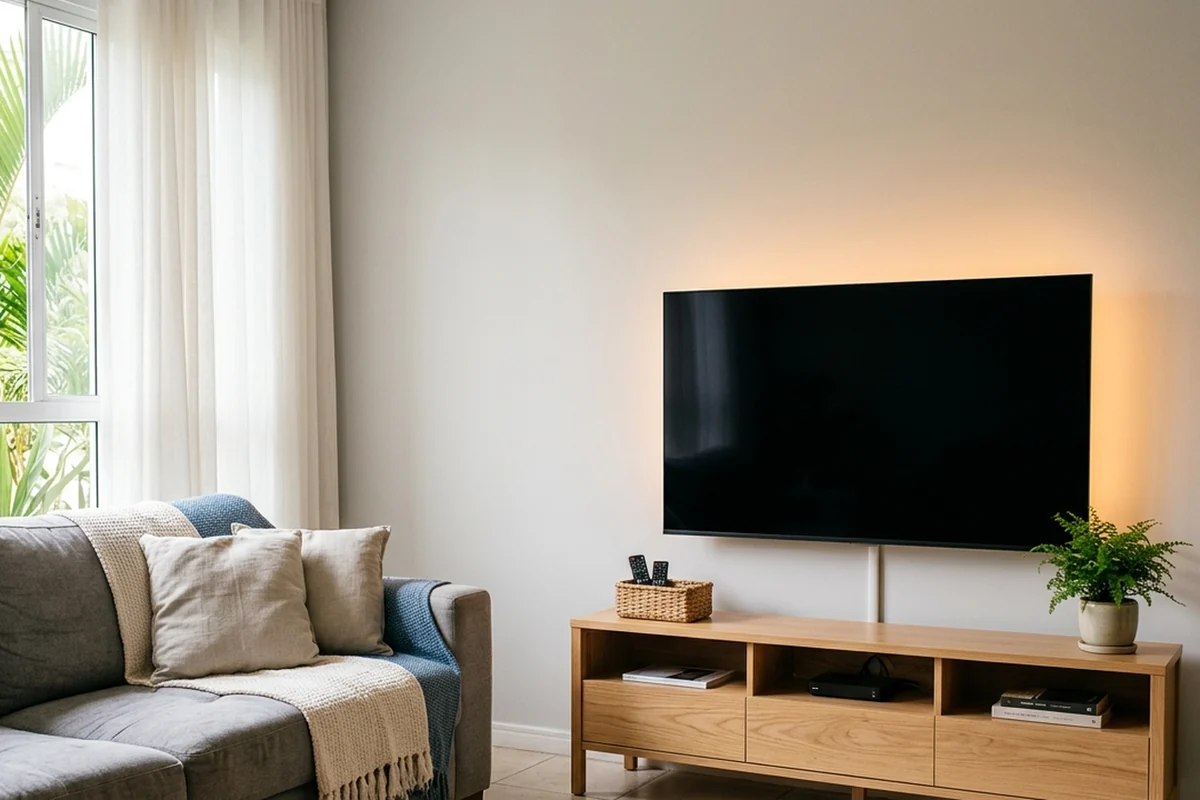 Sala com sofá cinza e manta, TV desligada com luz ambiente na parede e rack de madeira com planta