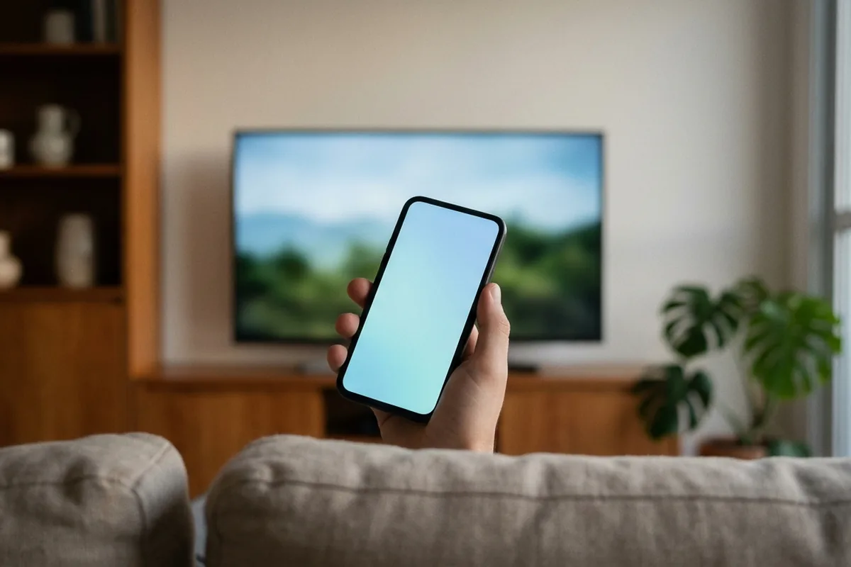 Mão segurando um celular sem marca com tela clara apontado para a TV desfocada, só a mão e o aparelho no quadro