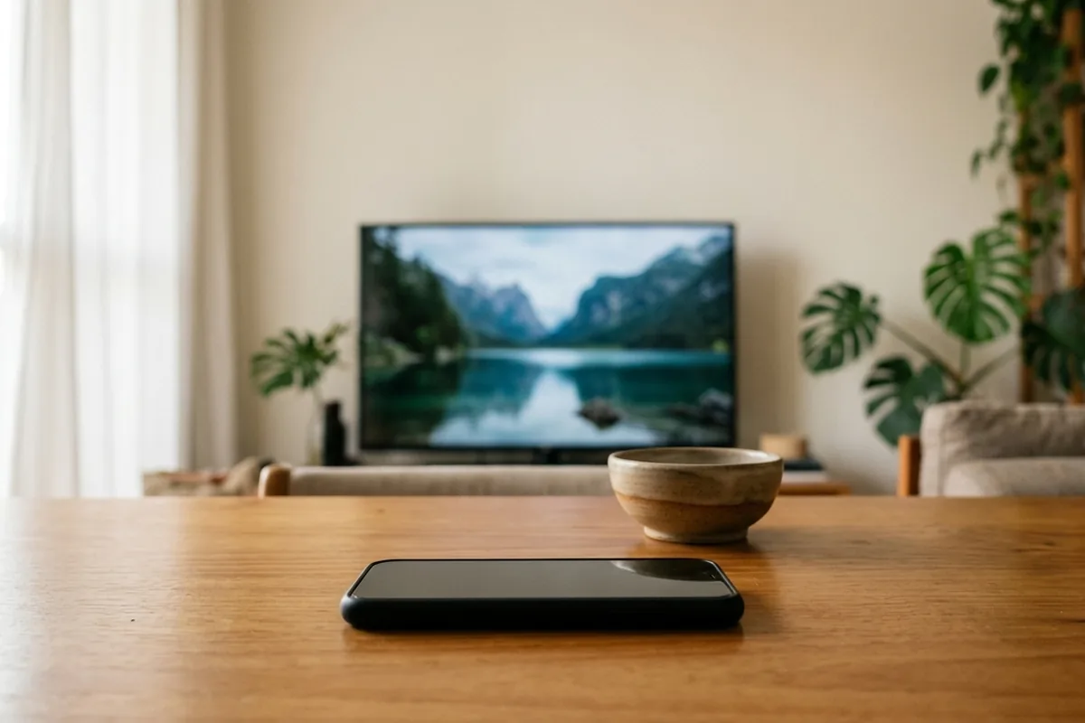 Celular de tela apagada sobre mesa de centro de madeira, TV ao fundo com paisagem e janela com cortina clara
